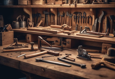 Worn old wooden table and workshop interior. Retro vintage photo of background and mockup. Sun light and dark shadows.の素材