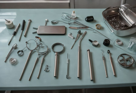 Top down view on various dental instruments such as syringe, toothbrushes, false teeth, pliers, mouth mirror, floss, picks, drill, scissors and maskの素材