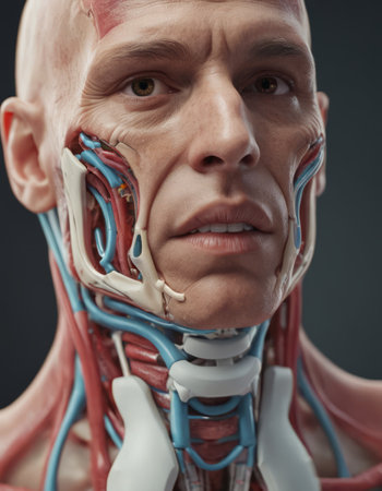 Anatomy human body model in the class room on white background.Part of human body model with organ system.Human muscle model.Medical education concept.の素材