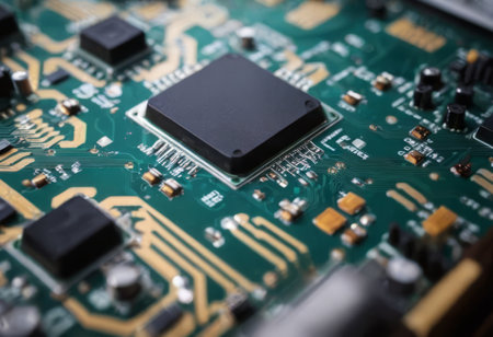 Close up of electronic circuit board, shallow depth of field. Technology backgroundの素材