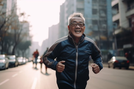 Active senior citizen embracing a healthy lifestyle by morning running routine for fitnessの素材