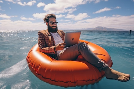 Remote occupation. businessman freelancer working on laptop in tropical sea with copy spaceの素材