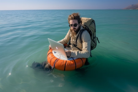 Remote work paradise. businessman freelancer working with laptop on inflatable ring in tropical seaの素材