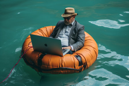 Remote work. businessman freelancer using laptop on inflatable ring in tropical seaの素材