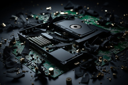 Explosive view. flying hardware components - mainboard, cpu, display, ram, cables, cooling fanの素材