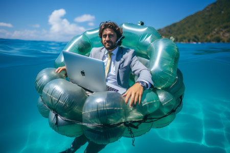 Remote occupation. freelancer working on laptop in tropical sea with ultimate flexibilityの素材