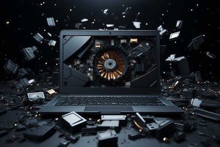 laptop hardware. mainboard, cpu, display, ram and more exploding from silver pc caseの素材