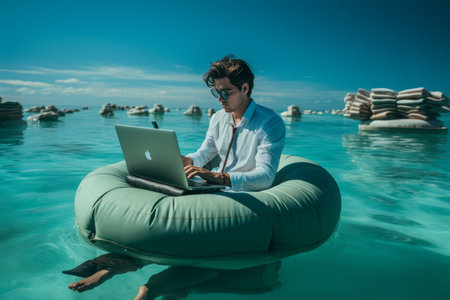 Remote work. businessman freelancer on inflatable ring in the tranquil tropical seaの素材