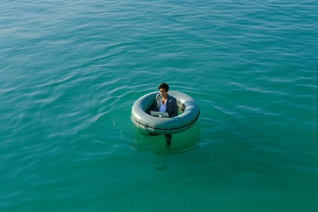 Remote occupation. businessman freelancer working on laptop computer in tropical seaの素材