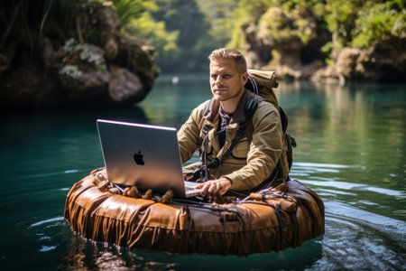Work from anywhere and remote occupation concept. Hupy businessman freelancer working with laptop computer on inflatable ring in Tropical sea. Copy space.の素材