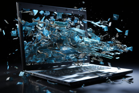 Exploding laptop. mainboard, cpu, display, ram + more components flying out of silver caseの素材