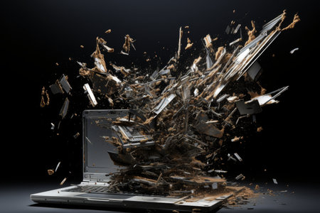 Laptop hardware explosion. components flying from silver pc case on dark gray backdropの素材