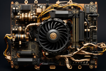 Exploded view of laptop pc. mainboard, cpu, ram, and more flying out of silver caseの素材