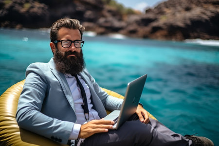 Remote work. businessman freelancer with laptop on inflatable ring in tropical seaの素材