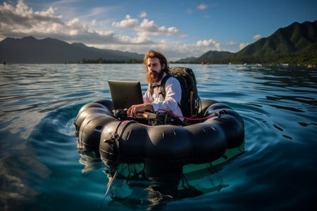 Remote work concept. businessman freelancer working on laptop in tropical sea with copy spaceの素材