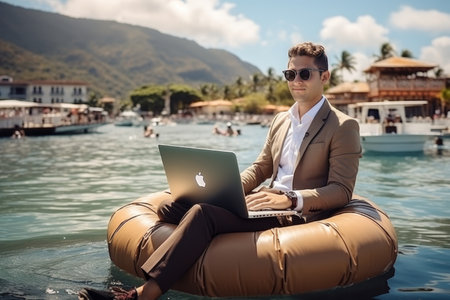 Flexible work anywhere. businessman freelancer on inflatable ring in tropical seaの素材