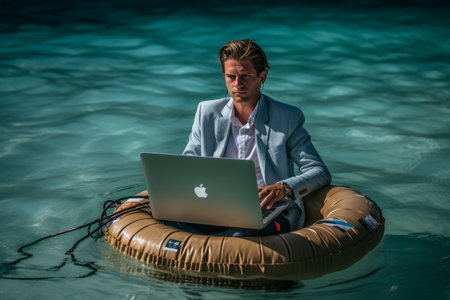 Remote freelancer. working on laptop from tropical sea with ample copy space availableの素材