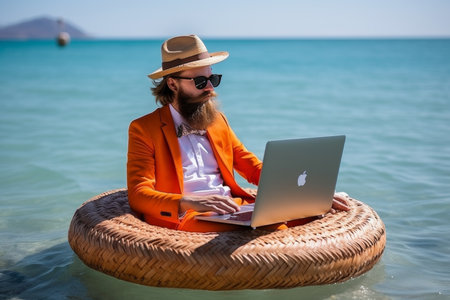 Remote occupation. businessman freelancer working on inflatable ring in tropical seaの素材