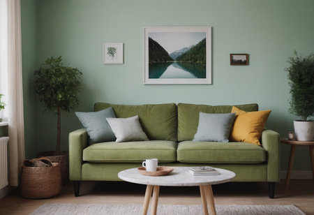 The living room has soft green walls, a comfy green sofa, and modern Scandinavian furniture. Its adorned with plants, paintings, and a cozy rug, creating a calming and inviting atmosphere.の素材