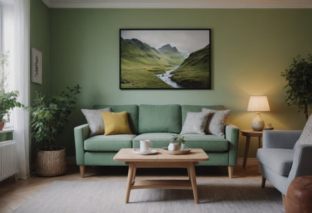 The living room has soft green walls, a comfy green sofa, and modern Scandinavian furniture. Its adorned with plants, paintings, and a cozy rug, creating a calming and inviting atmosphere.の素材
