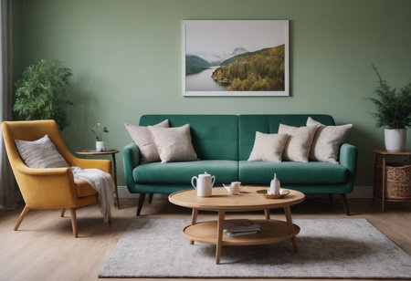 The living room has soft green walls, a comfy green sofa, and modern Scandinavian furniture. Its adorned with plants, paintings, and a cozy rug, creating a calming and inviting atmosphere.の素材