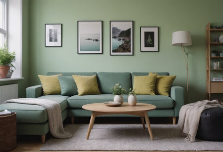 The living room has soft green walls, a comfy green sofa, and modern Scandinavian furniture. Its adorned with plants, paintings, and a cozy rug, creating a calming and inviting atmosphere.の素材