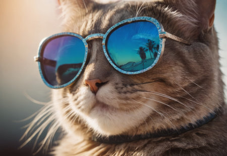 funny cat in round sunglasses close-up.の素材