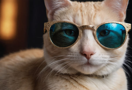 funny cat in round sunglasses close-up.の素材