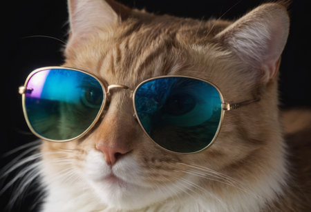 funny cat in round sunglasses close-up.の素材