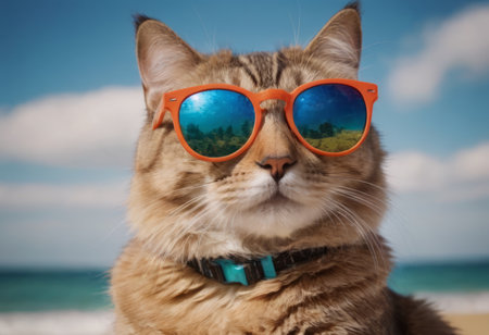 funny cat in round sunglasses close-up.の素材