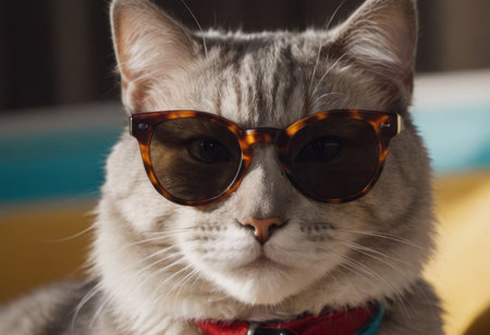 funny cat in round sunglasses close-up.の素材