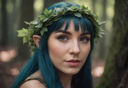 Elf girl dressed in a cape and with a wreath on her head in the forest. Fantasy elf from the forest. Beautiful fantasy womanの素材