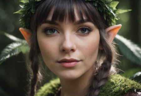 Elf girl dressed in a cape and with a wreath on her head in the forest. Fantasy elf from the forest. Beautiful fantasy womanの素材