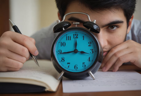Alarm clock with books on the table of a student doing homework at home, close-up.の素材