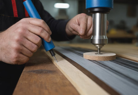 A skilled craftsman using various tools and equipment to create art with dedication. Well-lit workshop, surrounded by materials. Illustrating craftsmanship and hard work.の素材