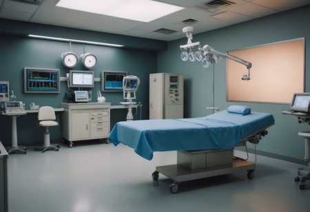 Hospital interior with operating surgery table, lamps and ultra modern devices, technology in modern clinicの素材