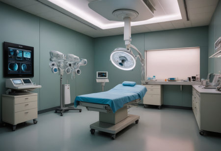 Hospital interior with operating surgery table, lamps and ultra modern devices, technology in modern clinicの素材