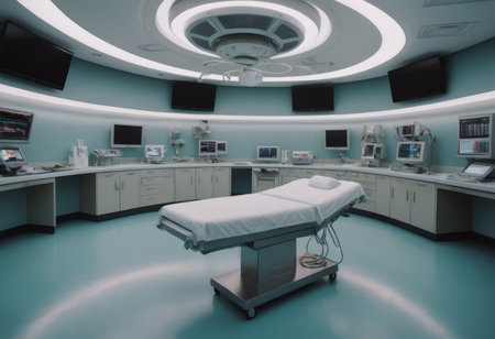 Hospital interior with operating surgery table, lamps and ultra modern devices, technology in modern clinicの素材