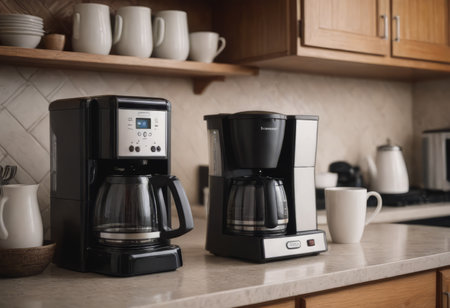 A black drip electric coffee machine with a glass teapot brews a morning drink. Household appliances, a white cup and a jar of beans on the kitchen table on the countertop at home.の素材