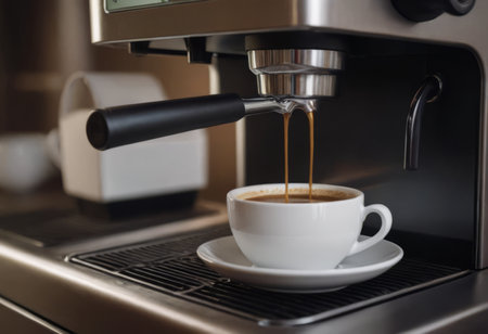 Espresso machine pouring coffee into elegant cups in a modern cafe.の素材
