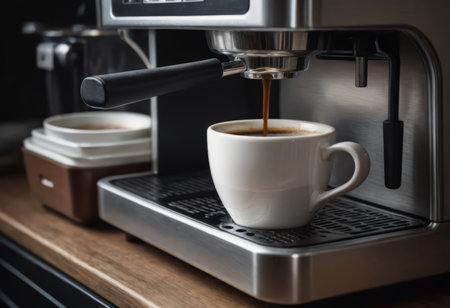 Espresso machine pouring coffee into elegant cups in a modern cafe.の素材