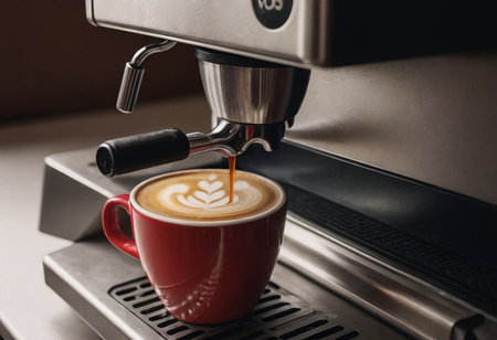 Espresso machine pouring coffee into elegant cups in a modern cafe.の素材