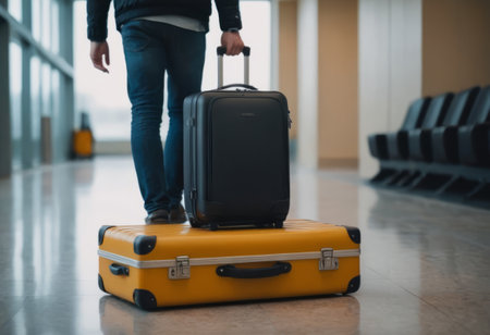 Business traveler with rolling suitcase in busy airport terminal.の素材