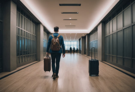The photo shows a man in casual clothes walking in an airport terminal. He is pulling a wheeled suitcase and carrying another suitcase in his hand. The man is looking down at his phone as he walks.の素材