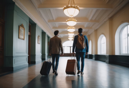 The photo shows a man in casual clothes walking in an airport terminal. He is pulling a wheeled suitcase and carrying another suitcase in his hand. The man is looking down at his phone as he walks.の素材