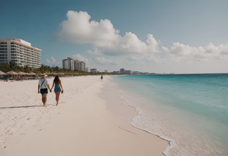 walking on the beach at sunset. Sun setting over the ocean, waves crashing on the shore. Women in casual clothes, carrying backpacks, enjoying their vacation.の素材