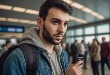 Young traveler at airport departure terminal, looking at flight info screens, wearing casual outfit, about to embark on new journey, full of excitement and anticipation.の素材