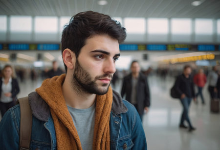 Young traveler at airport departure terminal, looking at flight info screens, wearing casual outfit, about to embark on new journey, full of excitement and anticipation.の素材