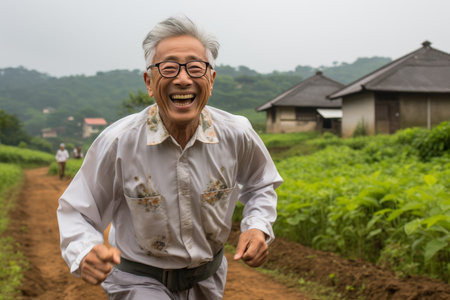 Energetic elderly male embracing a refreshing morning jog to promote a vibrant and healthy lifestyleの素材