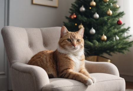 This cute tabby cat is relaxing in a soft armchair next to a festive Christmas tree with twinkling lights, colorful ornaments, and wrapped presents. Its the perfect picture of holiday coziness.の素材